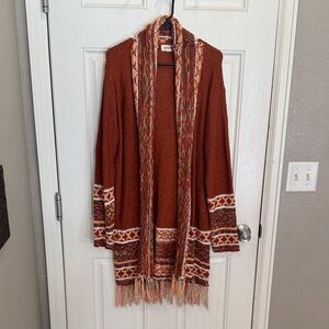 Adora Rust Orange Knit Cardigan with Multicolor Trim